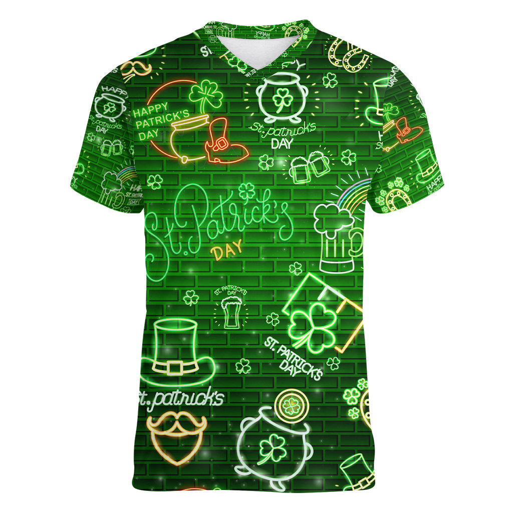 Ireland St Patrick's Day Women V Neck T Shirt Symbols Neon