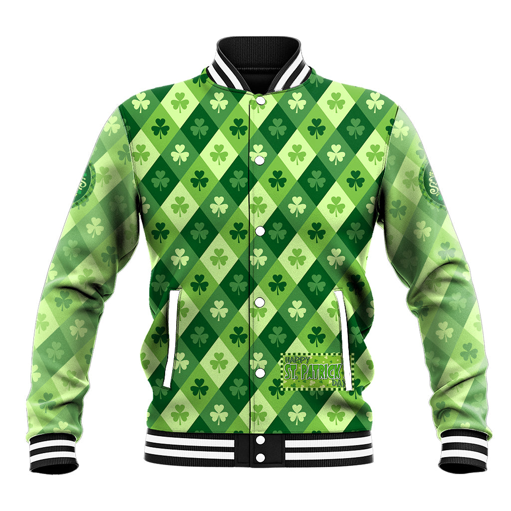 Green baseball jacket with shamrock diamond pattern, black ribbed collar and button front