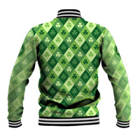 Green baseball jacket back with shamrock diamond pattern, black ribbed hem and striped cuffs
