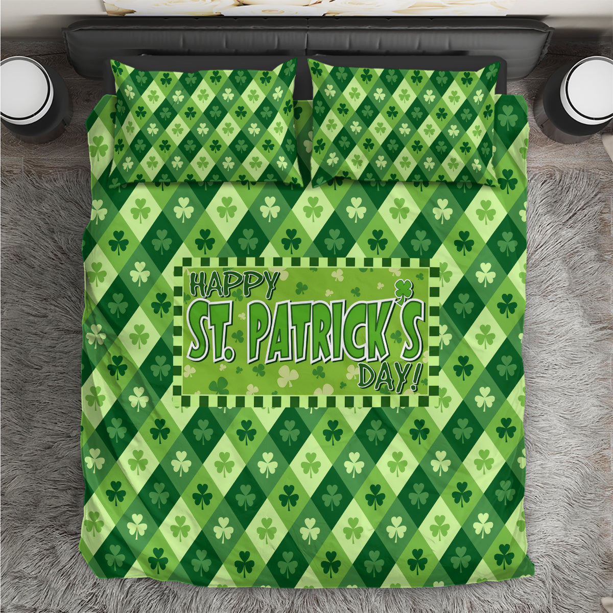 Green St. Patrick's Day bedding set, clover pattern with 'Happy St. Patrick's Day' print