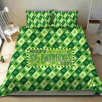 Green St. Patrick's Day bedding set, clover pattern and 'Happy St. Patrick's Day' banner center