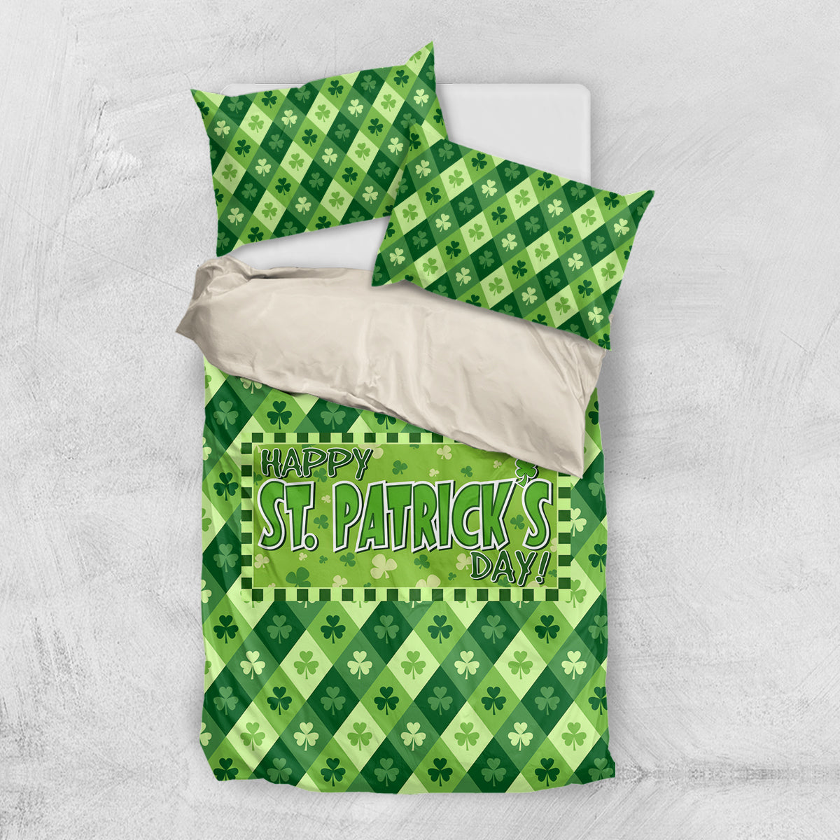 Green St. Patrick's Day bedding set with matching pillow covers, clover pattern and 'Happy St. Patrick's Day'