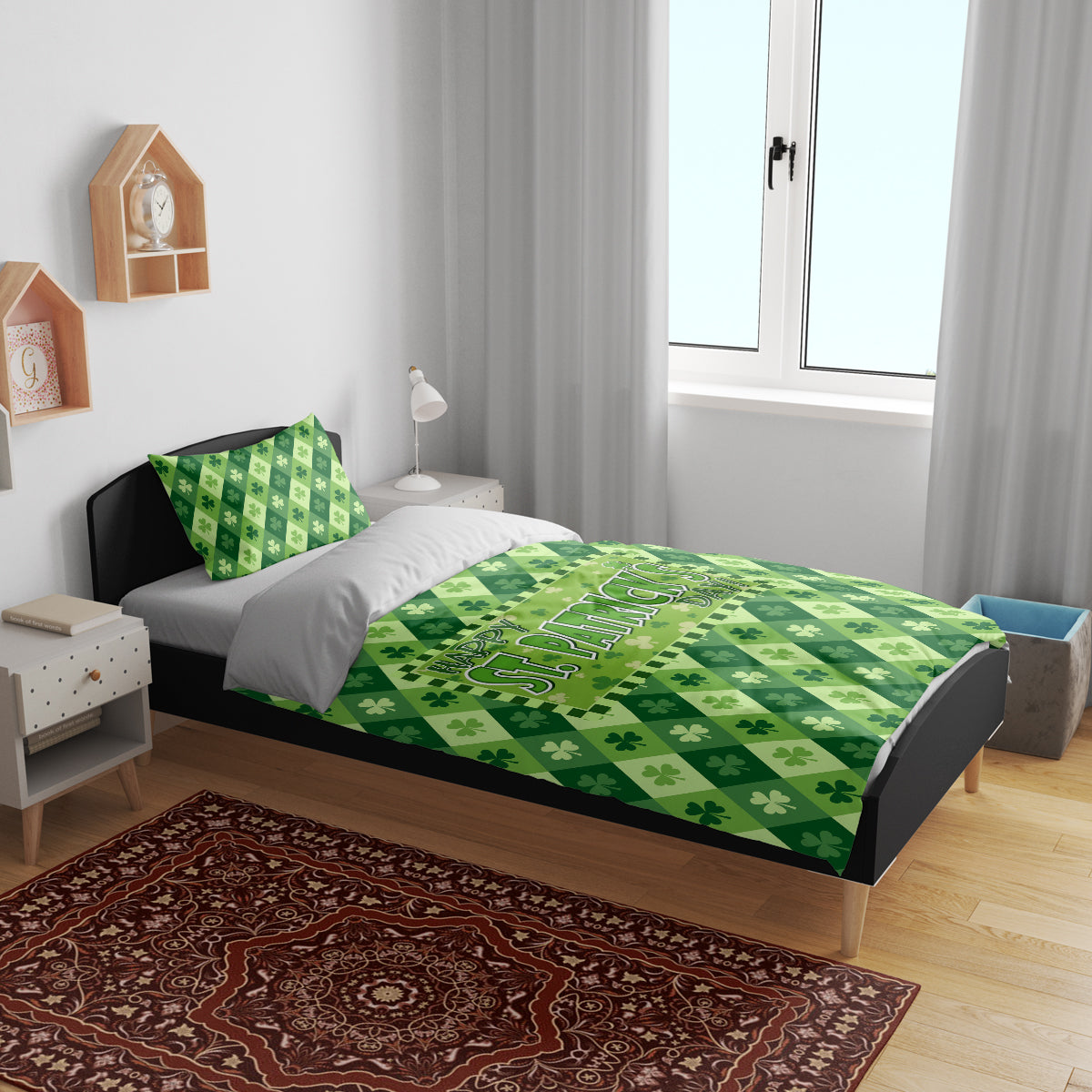 Green St. Patrick's Day bedding set on bed with clover pattern and 'Happy St. Patrick's Day' print