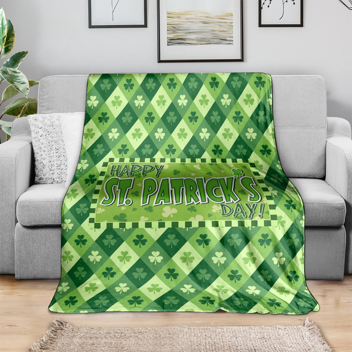 Green St. Patrick's Day blanket draped on a sofa, featuring shamrock diamond pattern