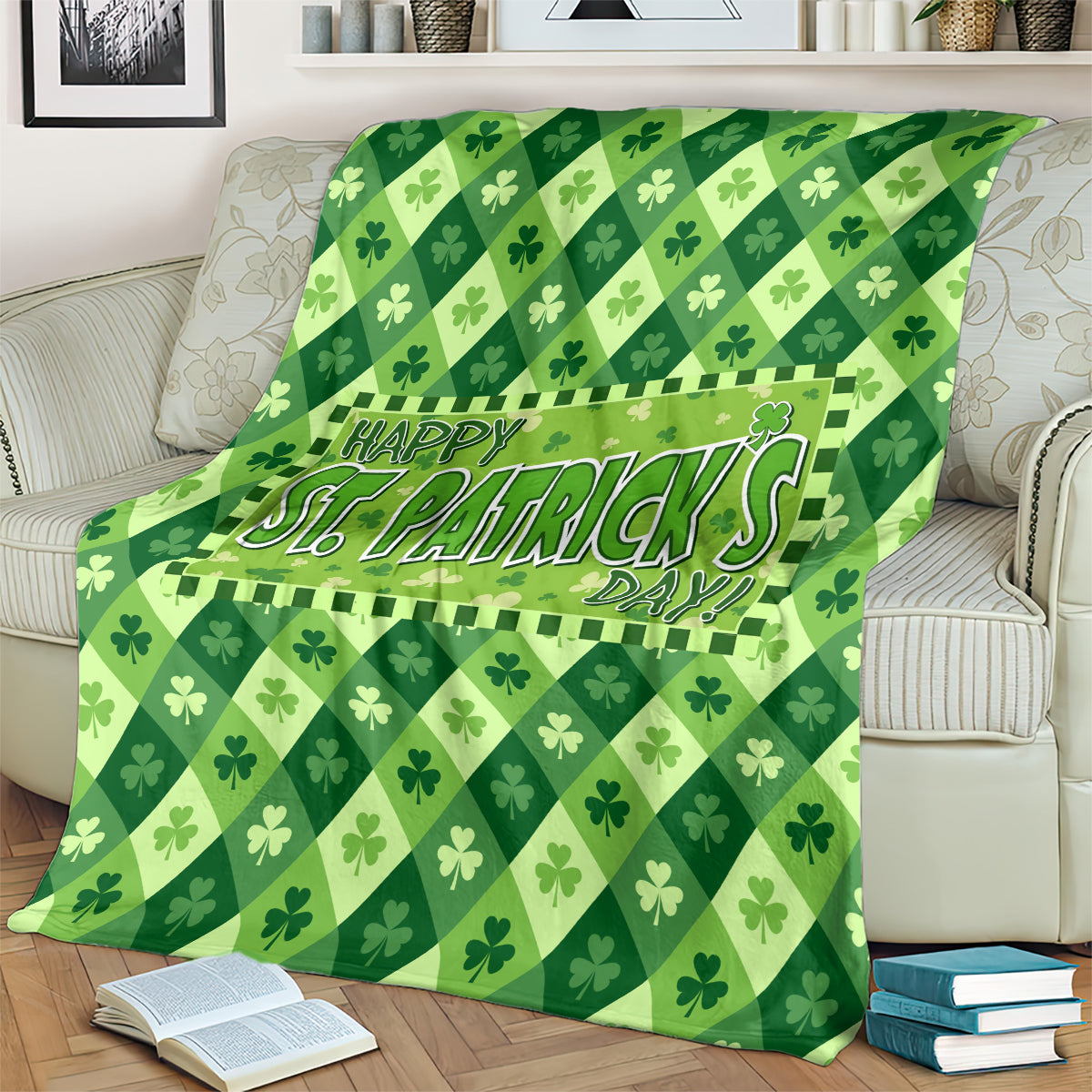 Green St. Patrick's Day blanket close-up with Happy St. Patrick's Day shamrock design