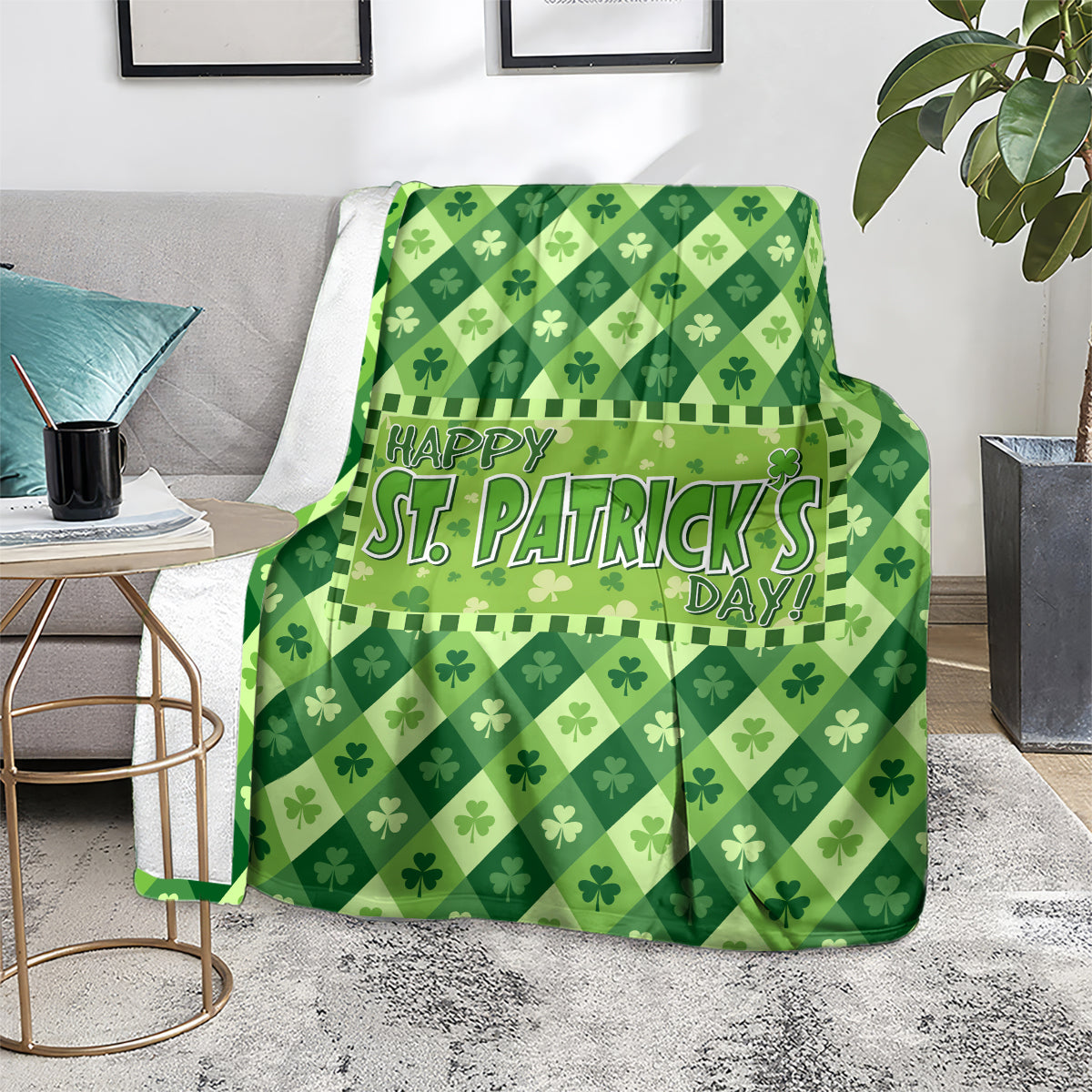 Green St. Patrick's Day blanket on floor with shamrock pattern and Happy St. Patrick's Day print