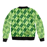 Green unisex bomber jacket with shamrock check pattern and back crest patch, ribbed hem