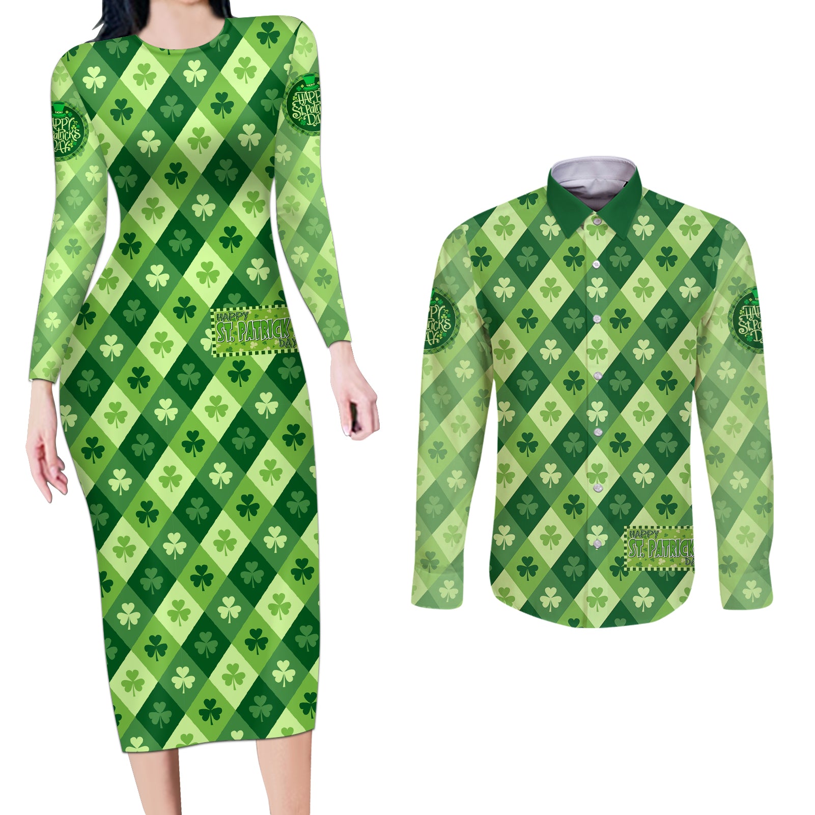 Irish St Patrick's Day Couples Matching Long Sleeve Bodycon Dress and Long Sleeve Button Shirt Simple Style - Wonder Print Shop