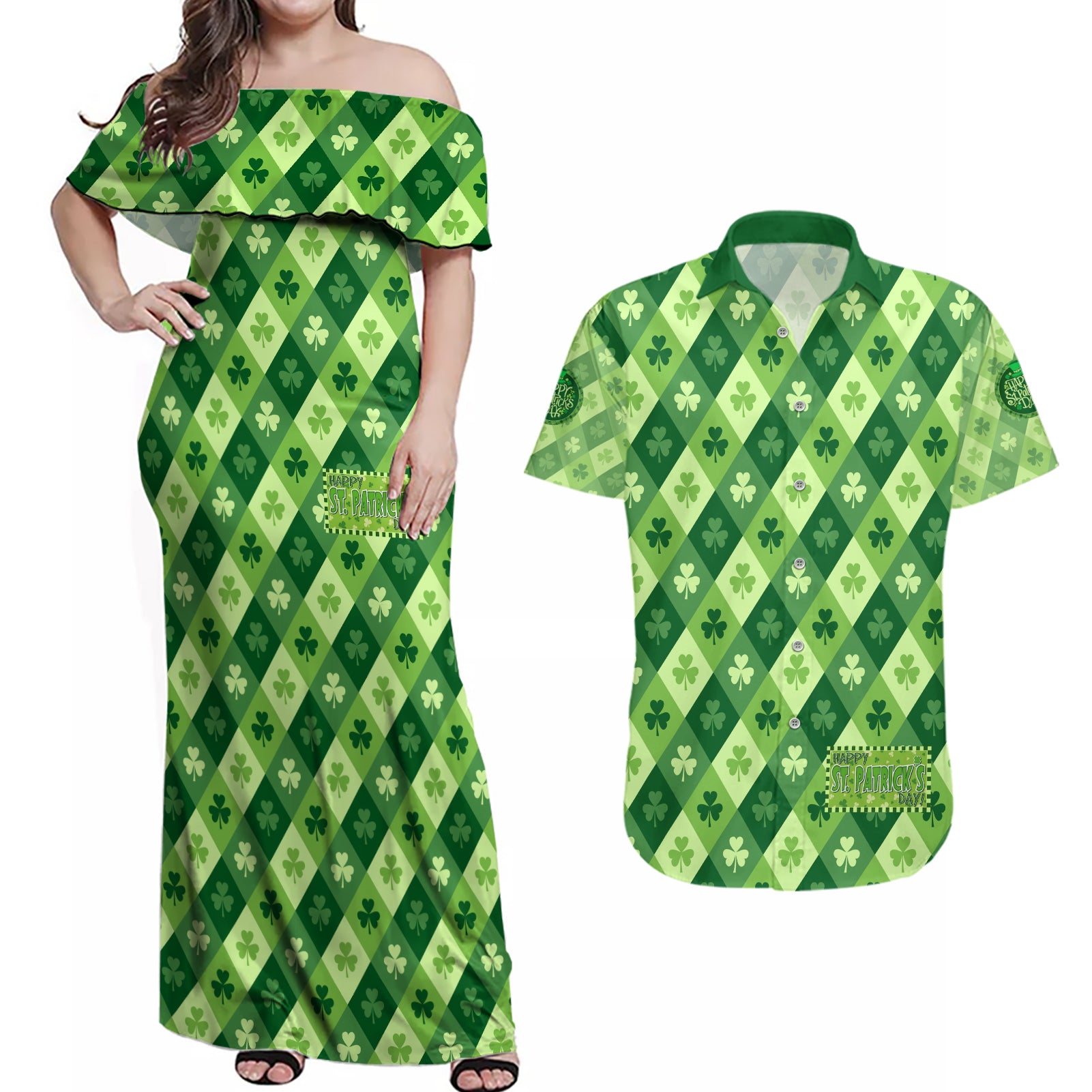 Irish St Patrick's Day Couples Matching Off Shoulder Maxi Dress and Hawaiian Shirt Simple Style - Wonder Print Shop