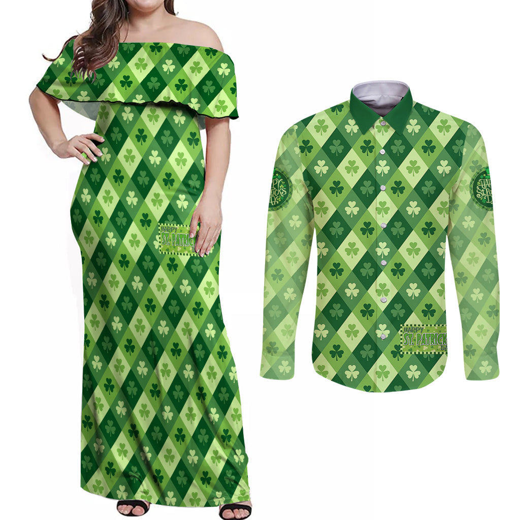 Irish St Patrick's Day Couples Matching Off Shoulder Maxi Dress and Long Sleeve Button Shirt Simple Style - Wonder Print Shop