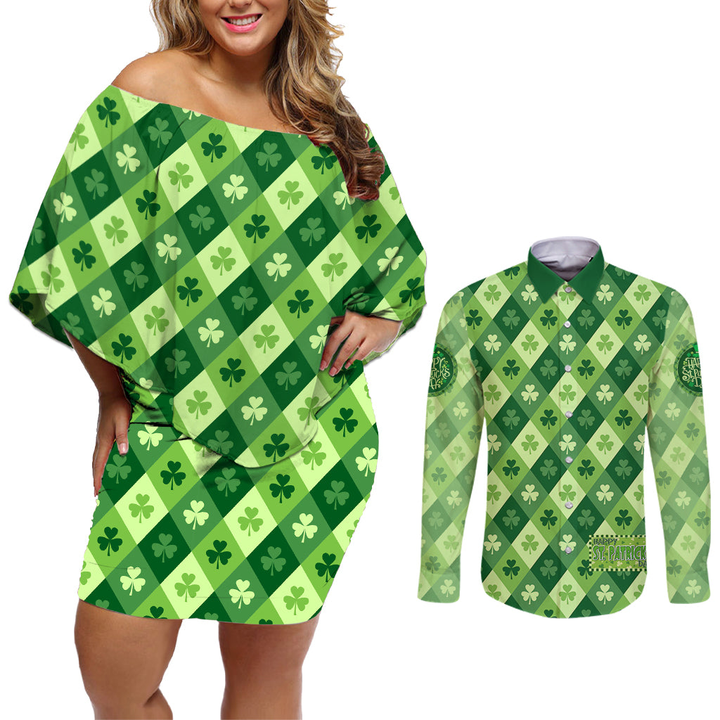 Irish St Patrick's Day Couples Matching Off Shoulder Short Dress and Long Sleeve Button Shirt Simple Style - Wonder Print Shop