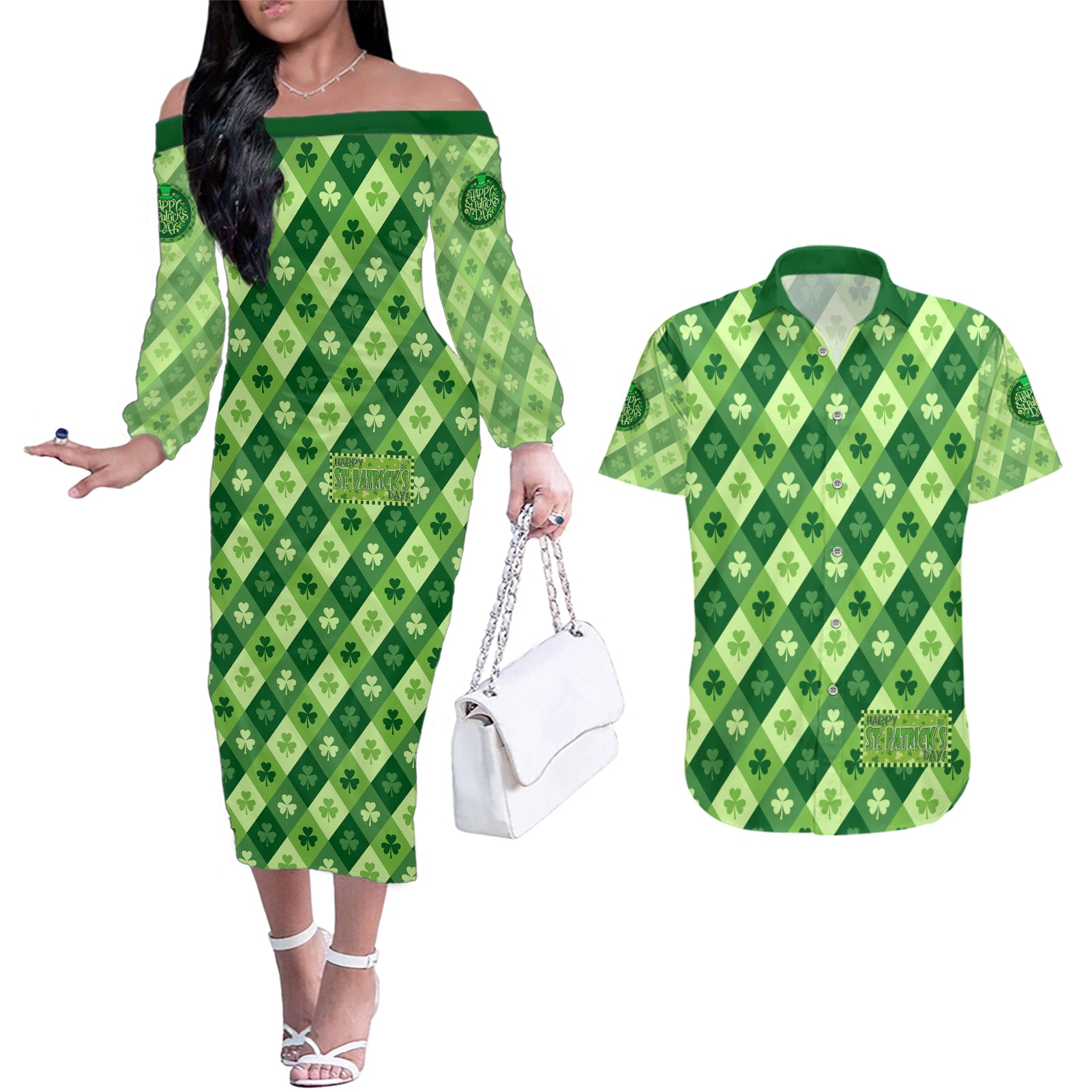 Irish St Patrick's Day Couples Matching Off The Shoulder Long Sleeve Dress and Hawaiian Shirt Simple Style - Wonder Print Shop