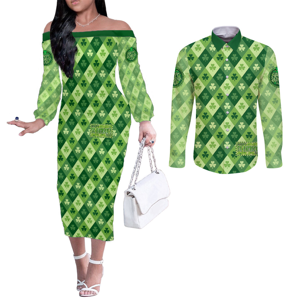 Irish St Patrick's Day Couples Matching Off The Shoulder Long Sleeve Dress and Long Sleeve Button Shirt Simple Style