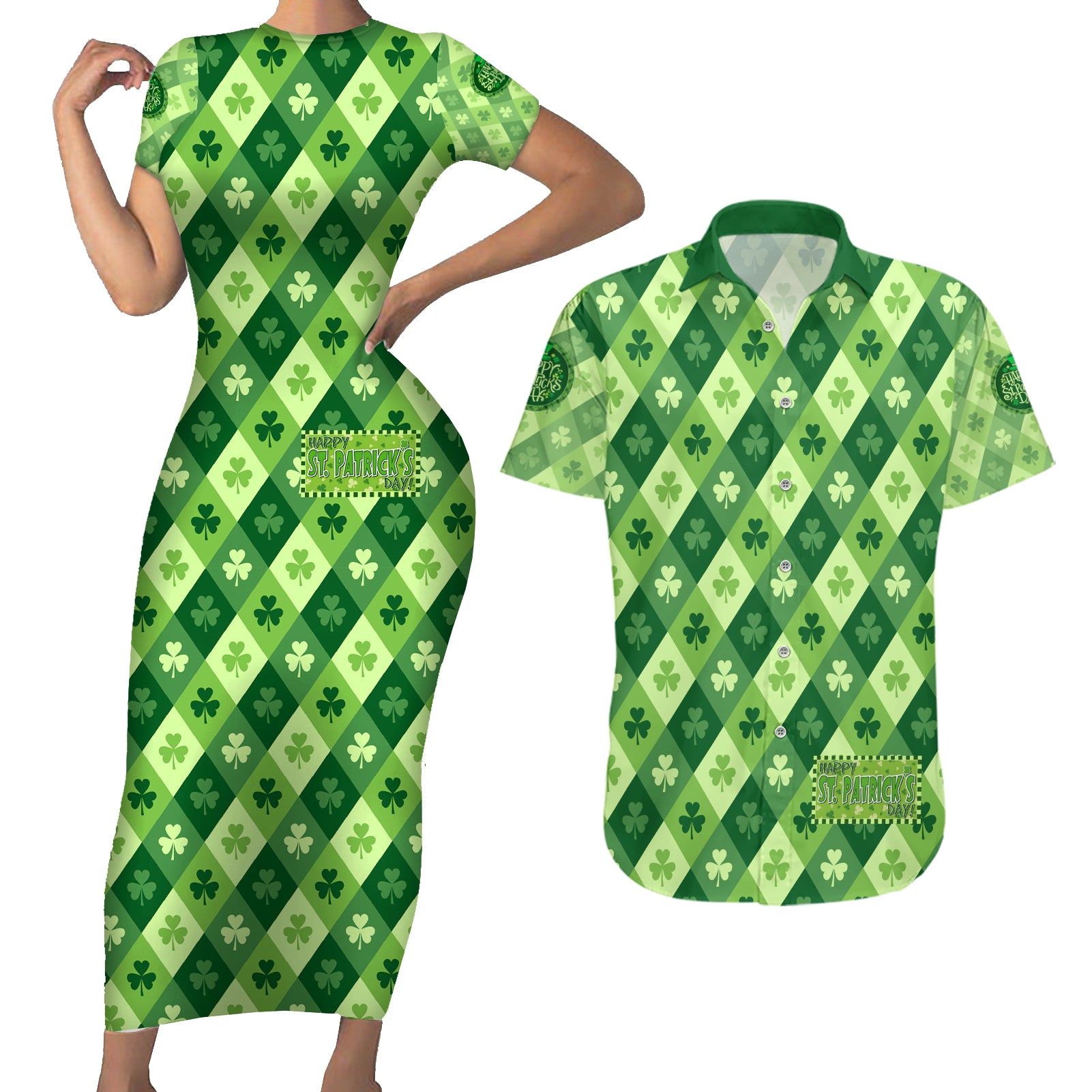 Irish St Patrick's Day Couples Matching Short Sleeve Bodycon Dress and Hawaiian Shirt Simple Style - Wonder Print Shop