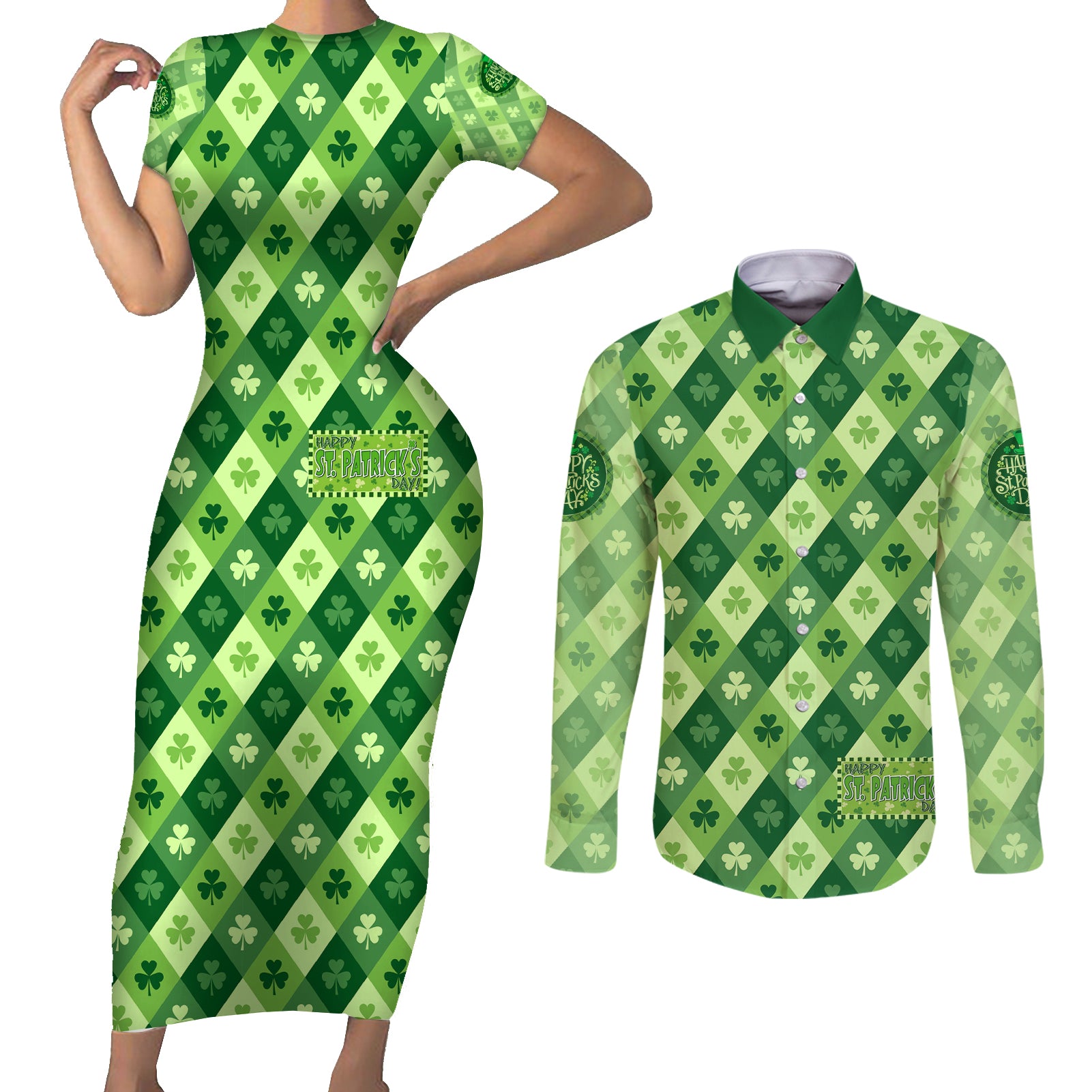 Irish St Patrick's Day Couples Matching Short Sleeve Bodycon Dress and Long Sleeve Button Shirt Simple Style - Wonder Print Shop