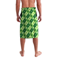 Green clover and diamond lavalava wrap skirt, side view with contrast panel at center