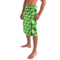 Green shamrock lavalava wrap skirt, angled side drape with dark and light clover blocks