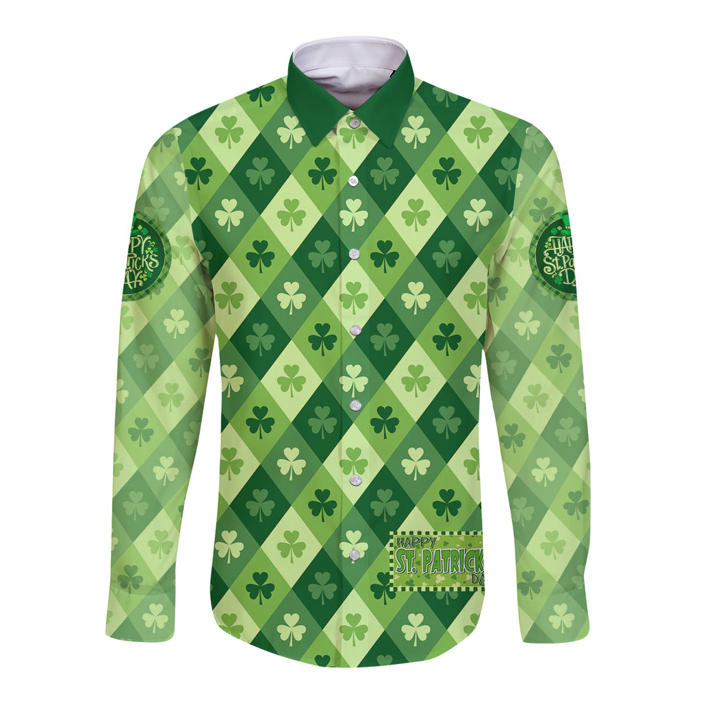 Green long-sleeve button shirt with diamond shamrock pattern and pointed collar