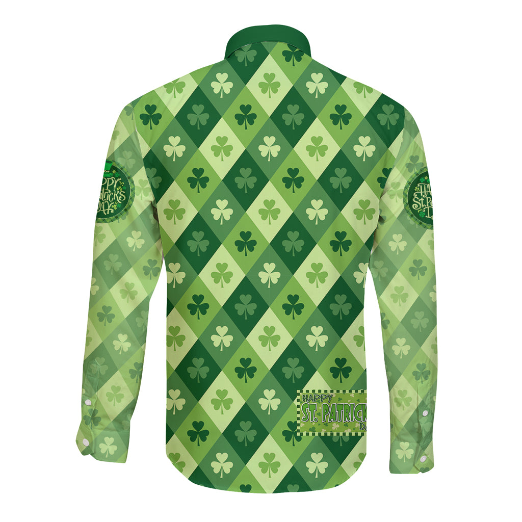 Green long-sleeve button shirt with shamrock diamond pattern; Happy St. Patrick print