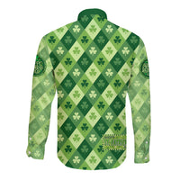 Green long-sleeve button shirt with shamrock diamond pattern; Happy St. Patrick print