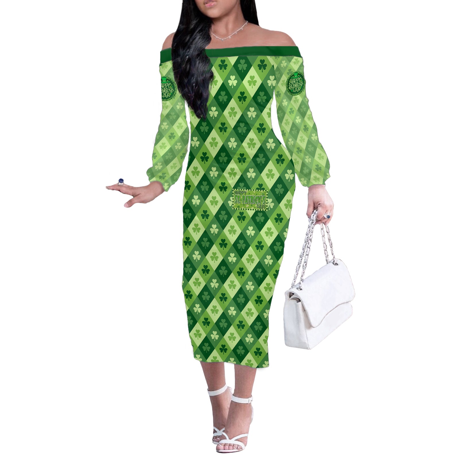 Irish St Patrick's Day Off The Shoulder Long Sleeve Dress Simple Style - Wonder Print Shop