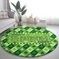 Green round St. Patrick's Day carpet featuring clovers and Happy St. Patrick's Day headline