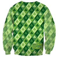 Green unisex crewneck sweatshirt with argyle clover pattern and Happy St. Patrick's Day text