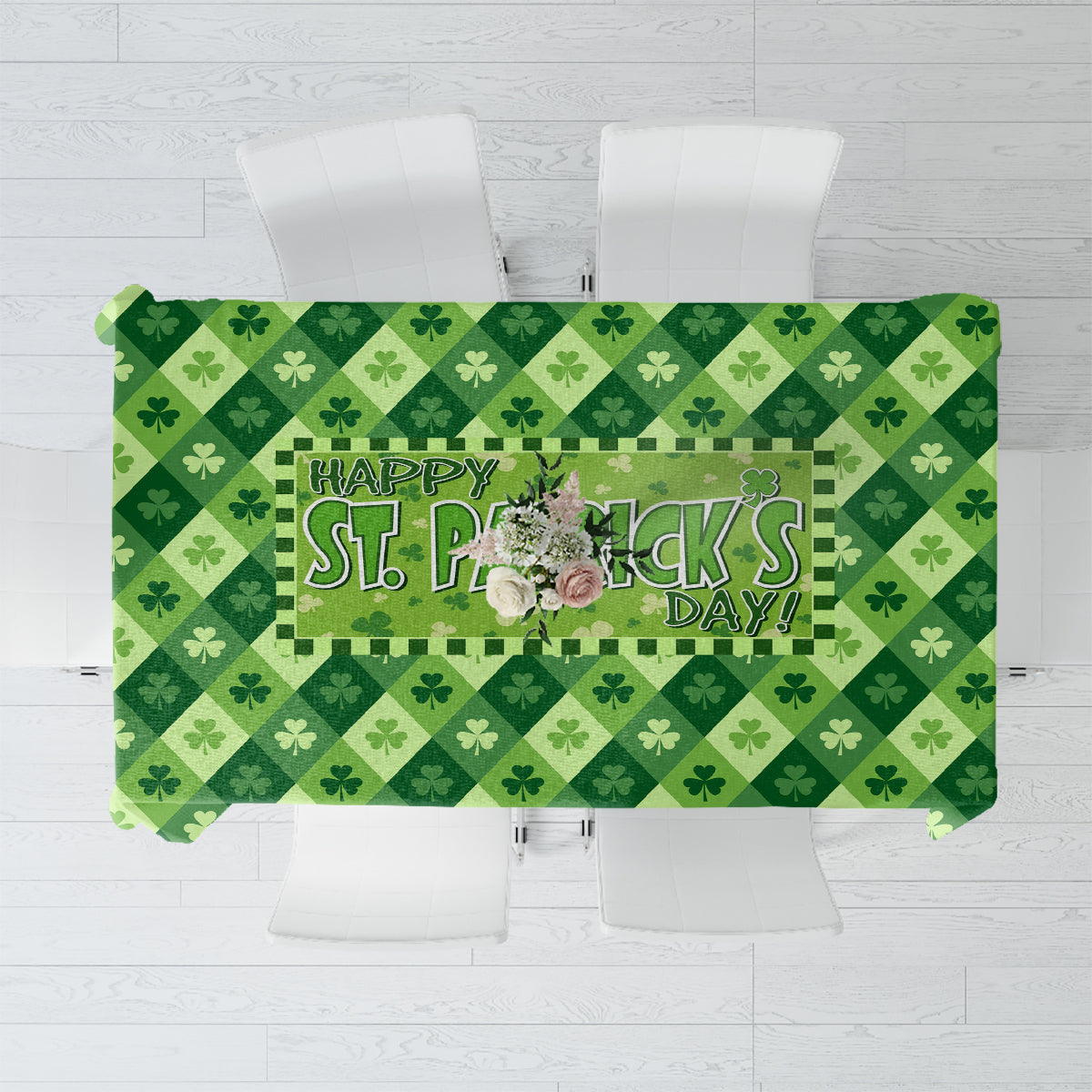Green St. Patrick's Day tablecloth with clover print and 'Happy St. Patrick's Day'