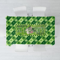 Green St. Patrick's Day tablecloth with clover print and 'Happy St. Patrick's Day'