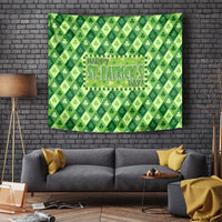Green St. Patrick's Day tapestry with repeating clover pattern and centered 'Happy St. Patrick's Day' label