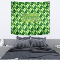 Green St. Patrick's Day tapestry with clover pattern and checkered 'Happy St. Patrick's Day' badge