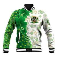 Green and white baseball jacket with clover print and leprechaun graphic, Eat Drink Be Irish