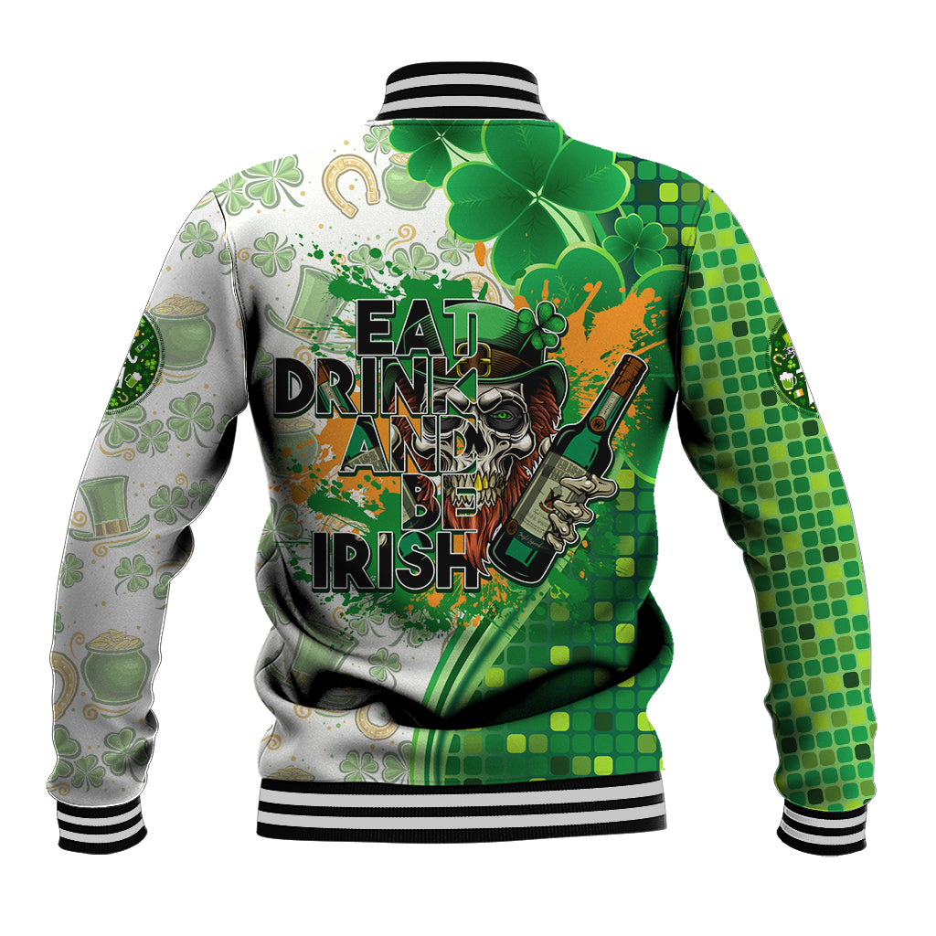 Back view of green and white baseball jacket with clover print and Eat Drink and Be Irish text