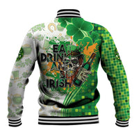 Back view of green and white baseball jacket with clover print and Eat Drink and Be Irish text