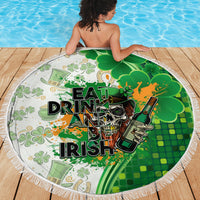Round green beach blanket with white fringe, green clover skull with bottle Eat Drink And Be Irish