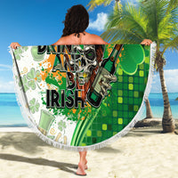Round green beach blanket with white fringe, clover skull and green bottle Eat Drink And Be Irish