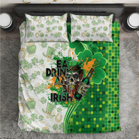 Green and white St Patrick's bedding set with duvet cover and two pillowcases, clovers and skull