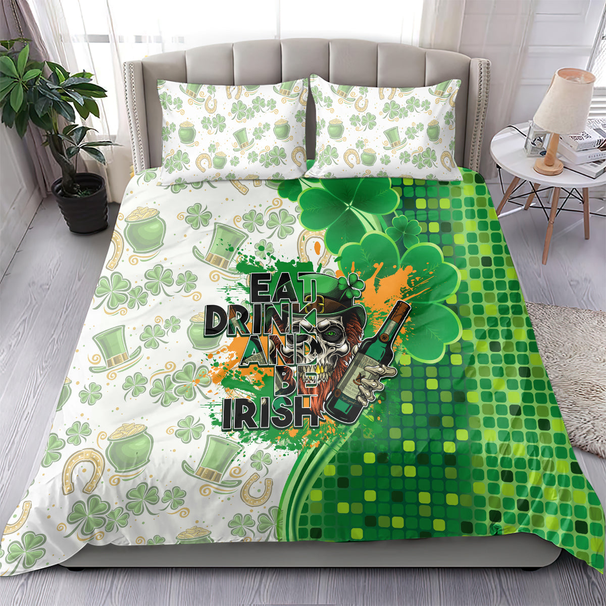 Green and white bedding set with duvet cover and two pillowcases, clovers, grid pattern and skull