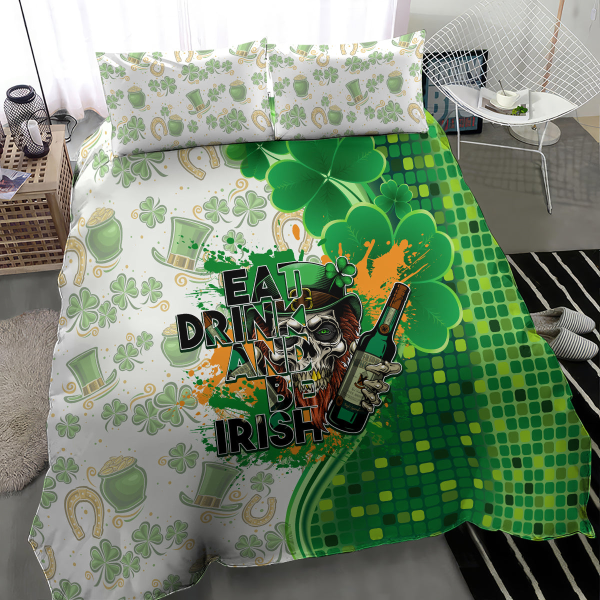 Green and white St Patrick's bedding set with duvet cover and two pillowcases, clovers and skull