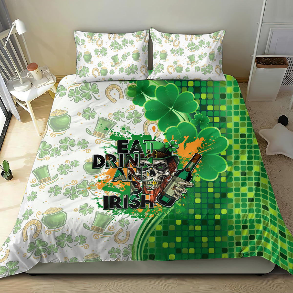 Green and white St Patrick's bedding set with duvet cover and two pillowcases, clovers and slogan