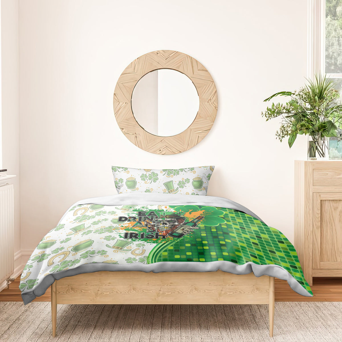 Green and white St Patrick's bedding set with duvet cover and two pillowcases, clovers and slogan