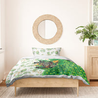 Green and white St Patrick's bedding set with duvet cover and two pillowcases, clovers and slogan