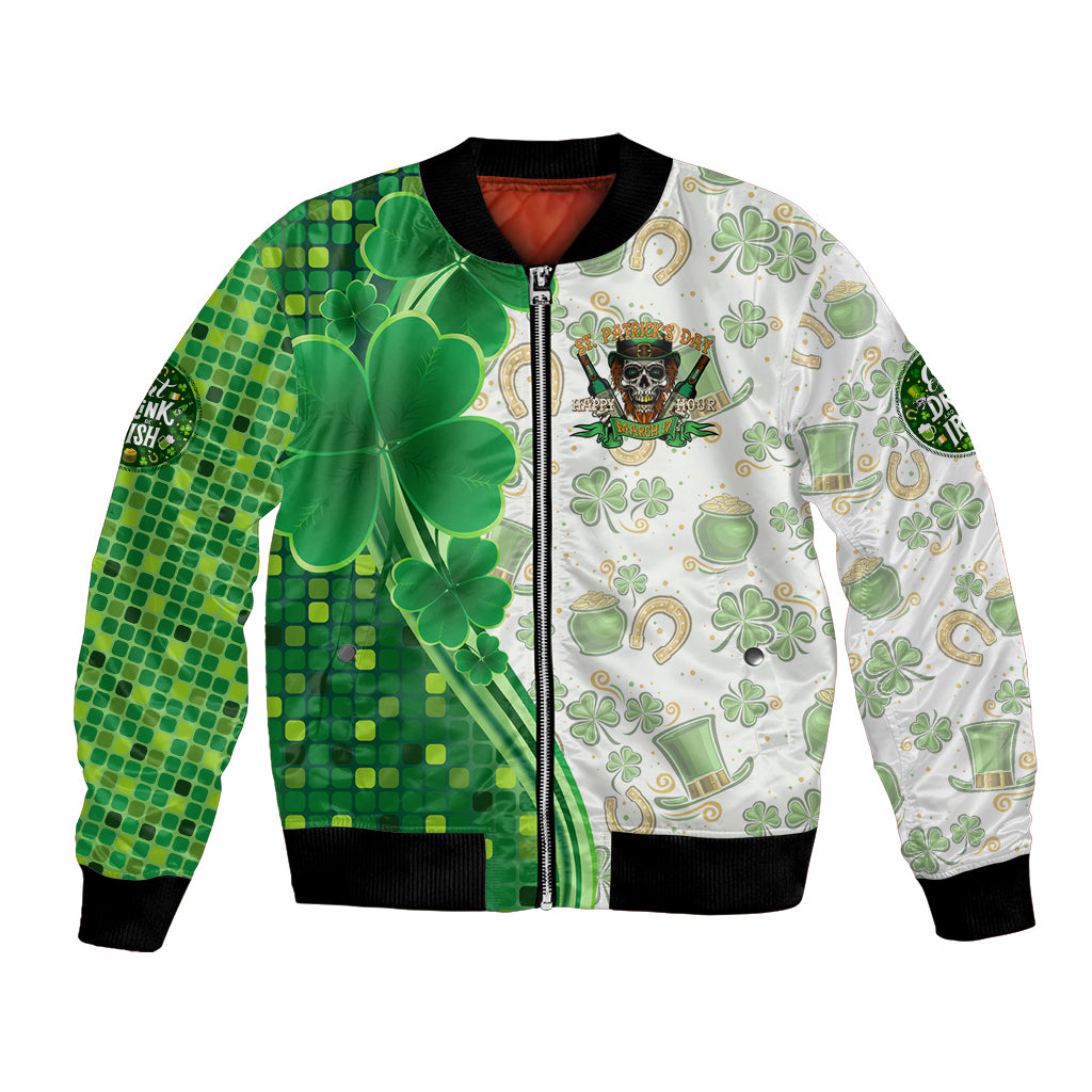 Unisex bomber jacket with green-and-white clover print, zip front, ribbed cuffs
