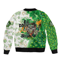 Unisex bomber jacket, green-and-white back print: 'EAT DRINK AND BE IRISH' with clovers