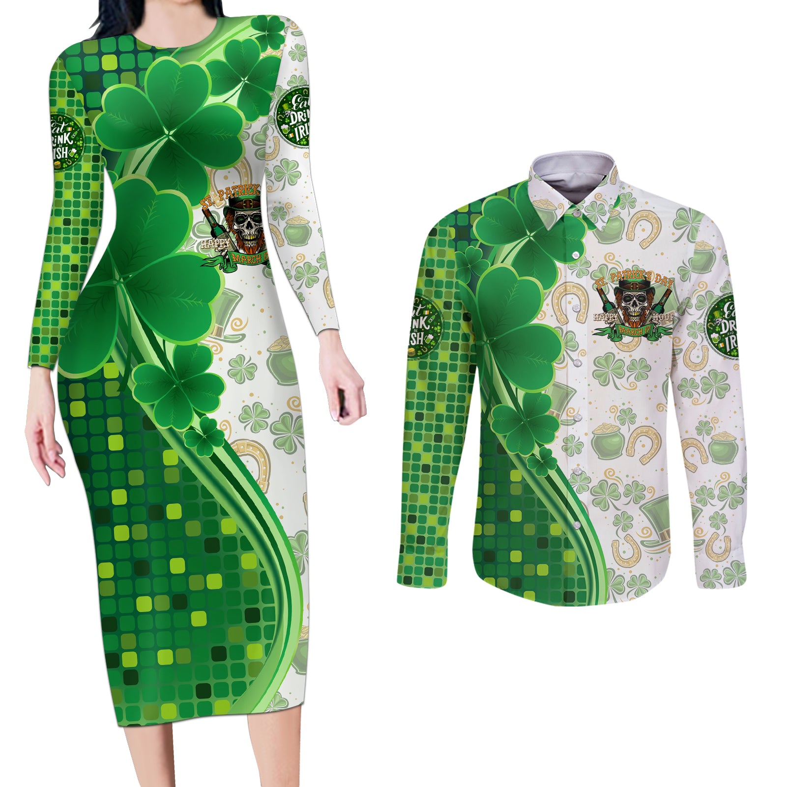 Happy St Patrick's Day Couples Matching Long Sleeve Bodycon Dress and Long Sleeve Button Shirt Eat Drink and Be Irish - Wonder Print Shop