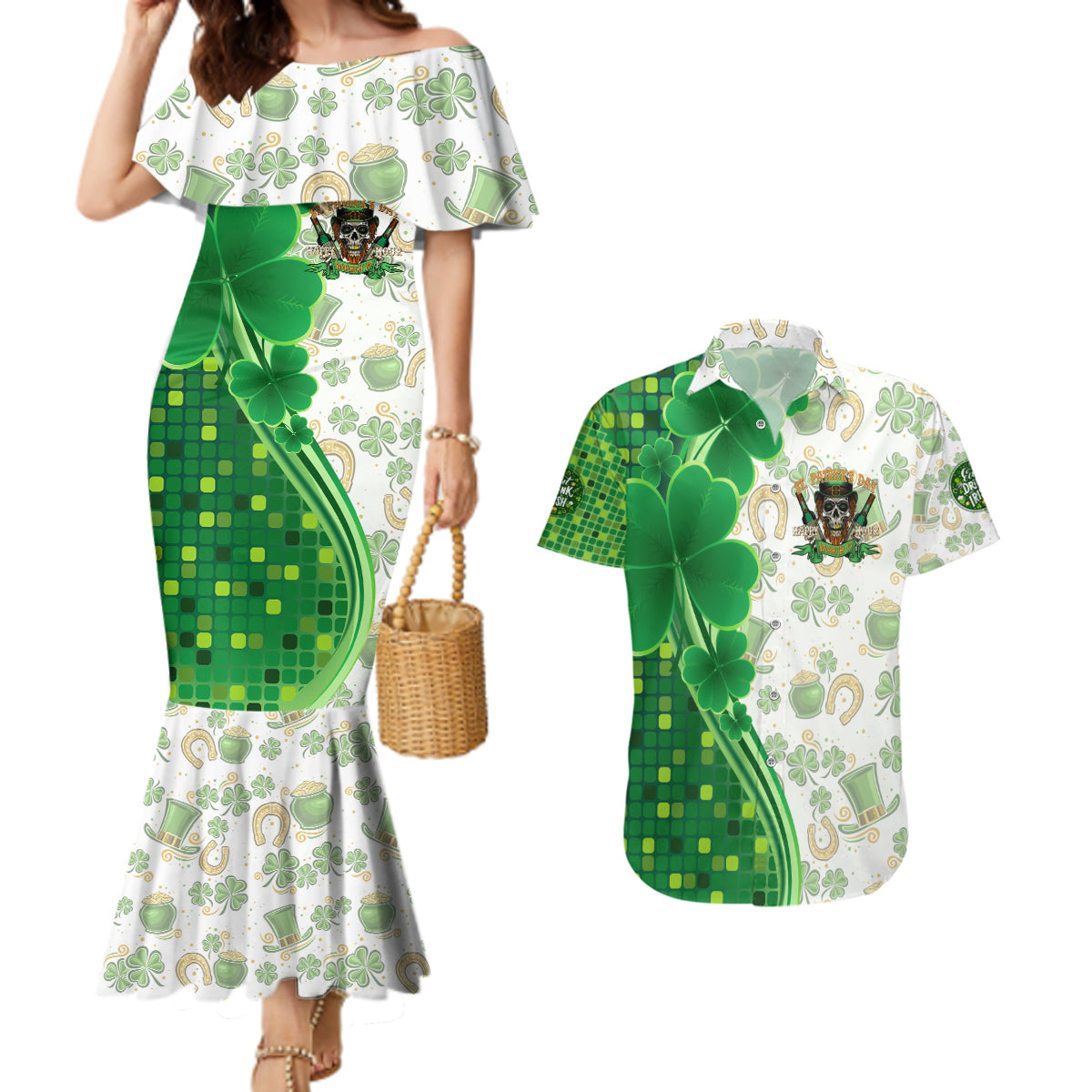 Happy St Patrick's Day Couples Matching Mermaid Dress and Hawaiian Shirt Eat Drink and Be Irish - Wonder Print Shop