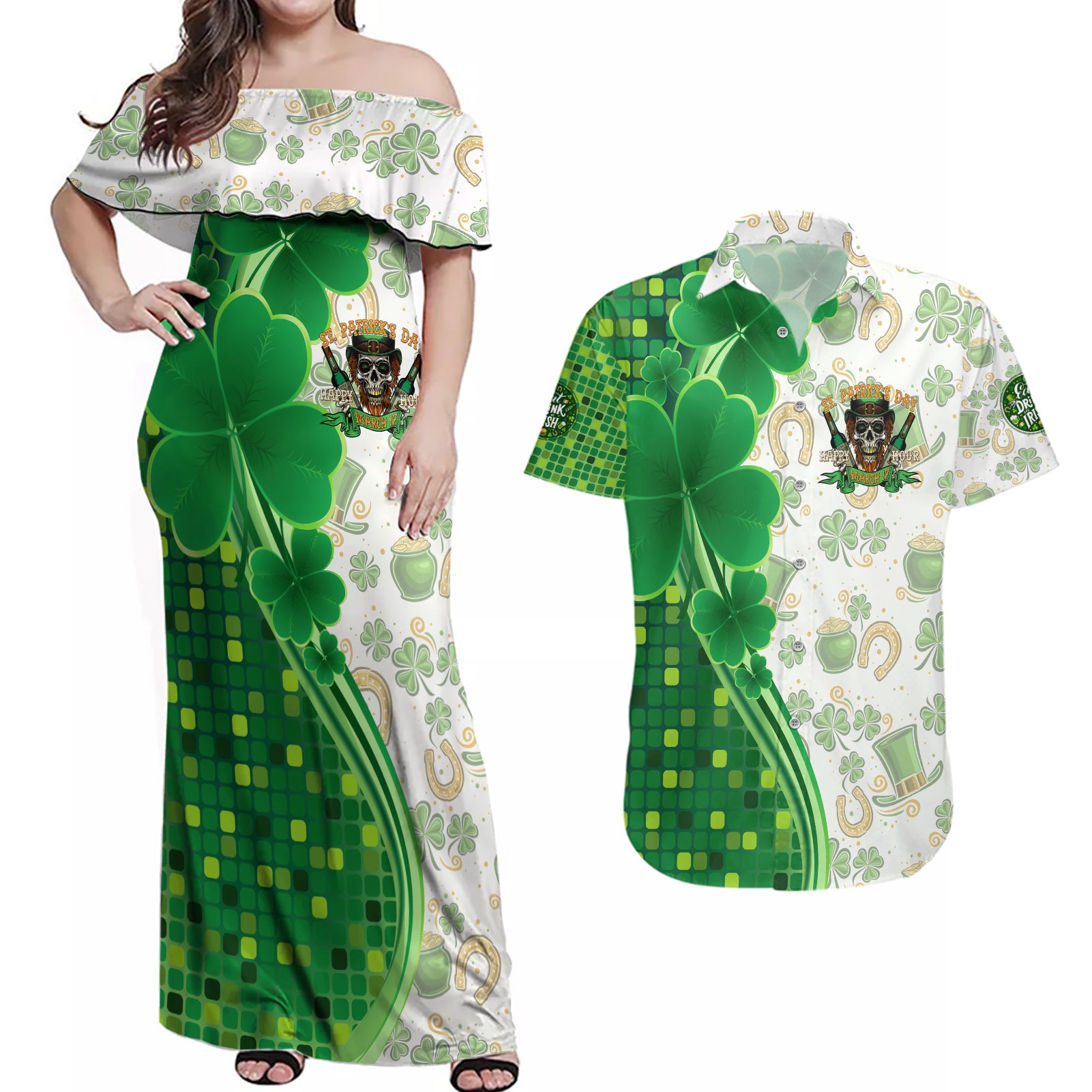 Happy St Patrick's Day Couples Matching Off Shoulder Maxi Dress and Hawaiian Shirt Eat Drink and Be Irish - Wonder Print Shop