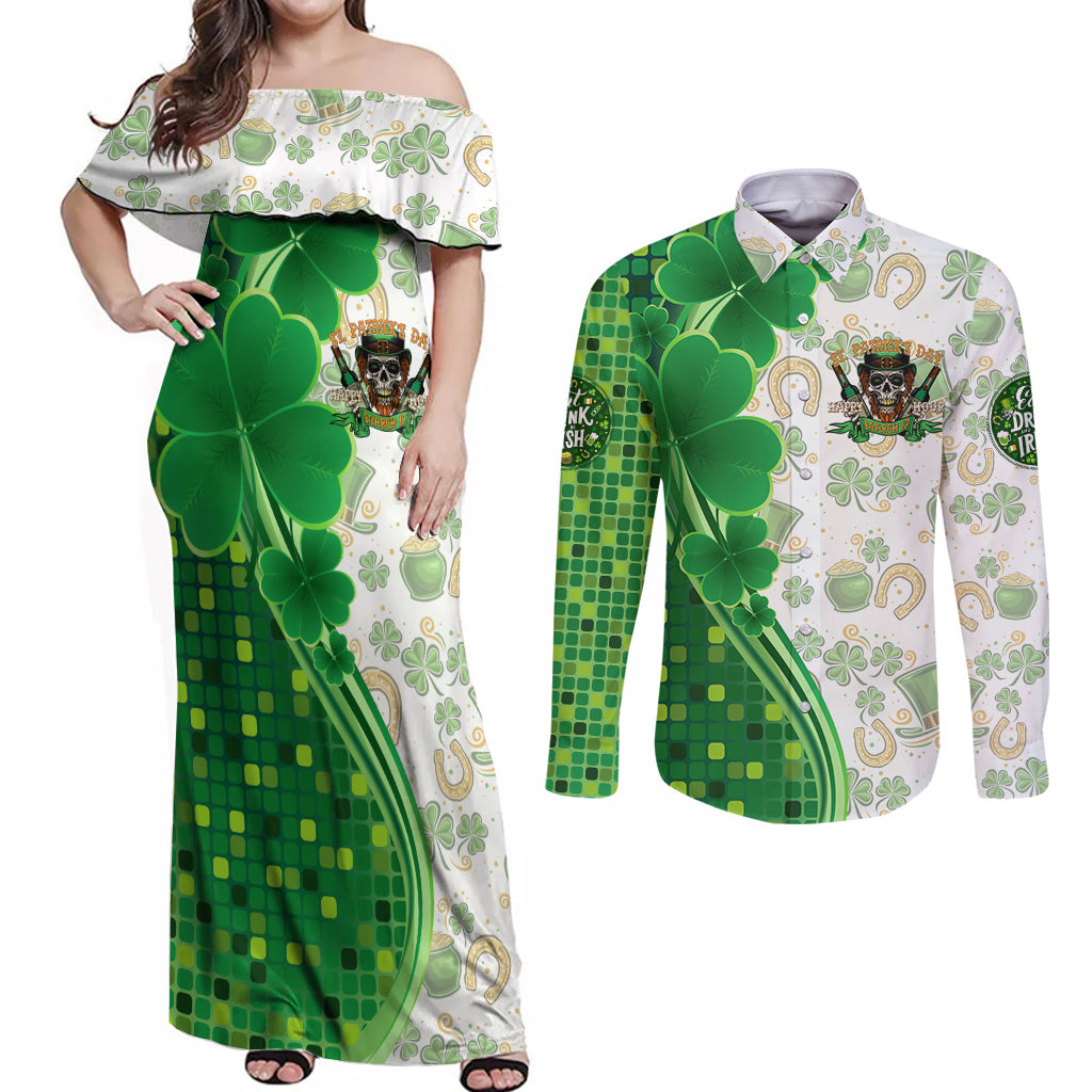 Happy St Patrick's Day Couples Matching Off Shoulder Maxi Dress and Long Sleeve Button Shirt Eat Drink and Be Irish - Wonder Print Shop