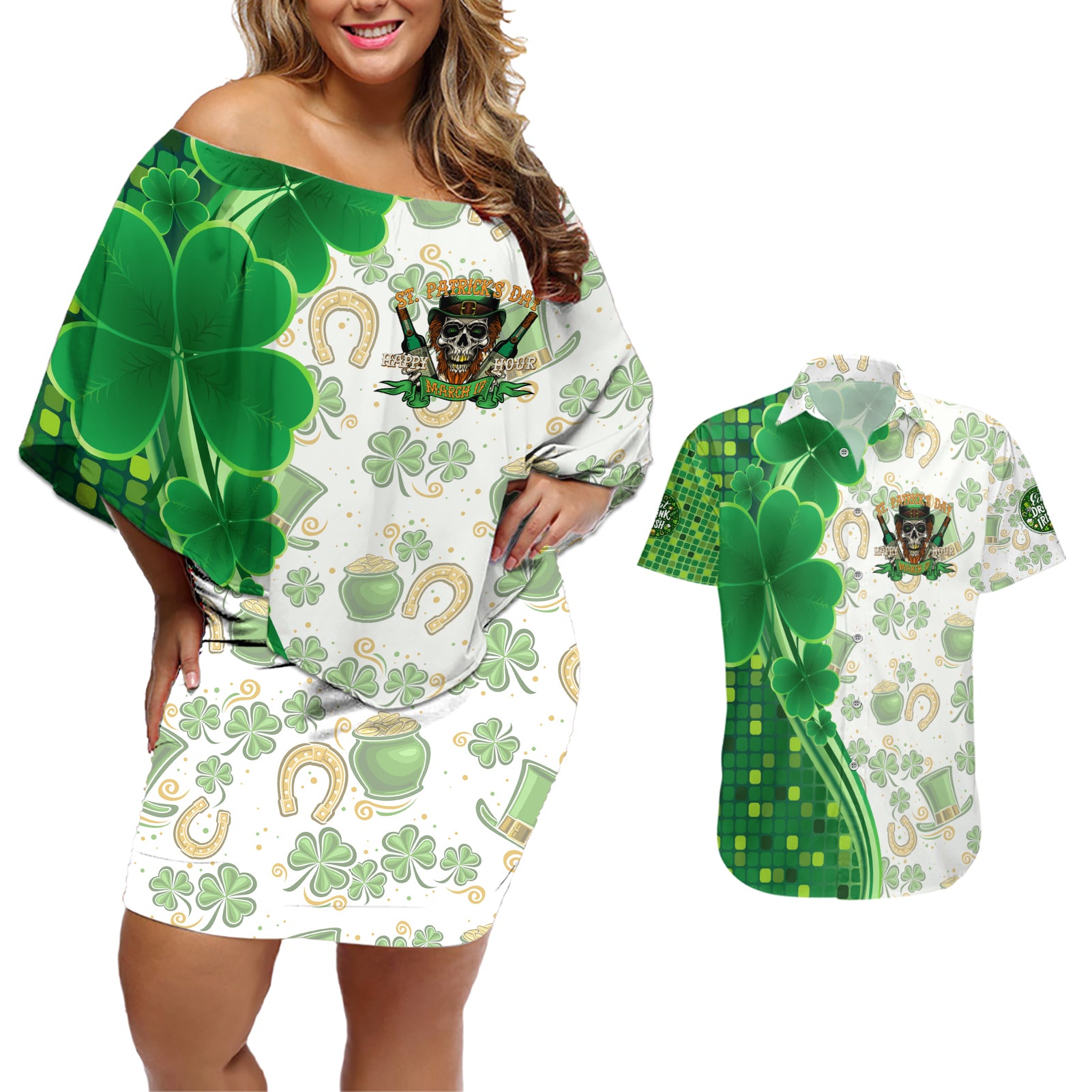 Happy St Patrick's Day Couples Matching Off Shoulder Short Dress and Hawaiian Shirt Eat Drink and Be Irish - Wonder Print Shop