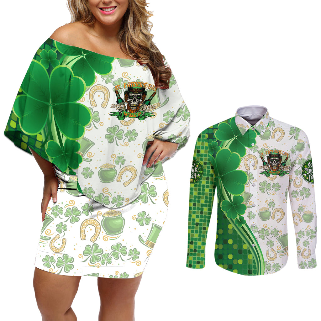 Happy St Patrick's Day Couples Matching Off Shoulder Short Dress and Long Sleeve Button Shirt Eat Drink and Be Irish - Wonder Print Shop